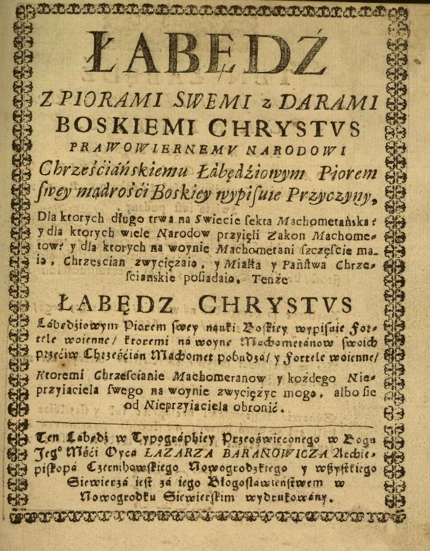Łabędź z piórami swemi a darami boskiemi