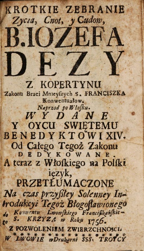 Krotkie zebranie Zycia, Cnot, у Cudow В. Jozefa Dezy z Kopertynu